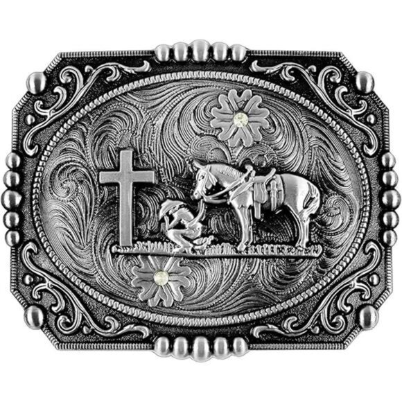 Moranse Religion Cross Cowboy Kneeling Prayer And Horse Design Belt Buckles - Picture 7 of 7